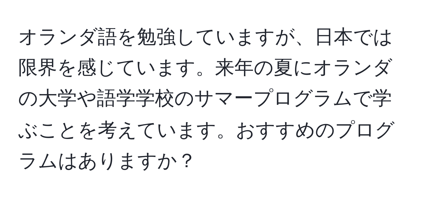 オランダ語を勉強していますが、日本では限界を感じています。来年の夏にオランダの大学や語学学校のサマープログラムで学ぶことを考えています。おすすめのプログラムはありますか？