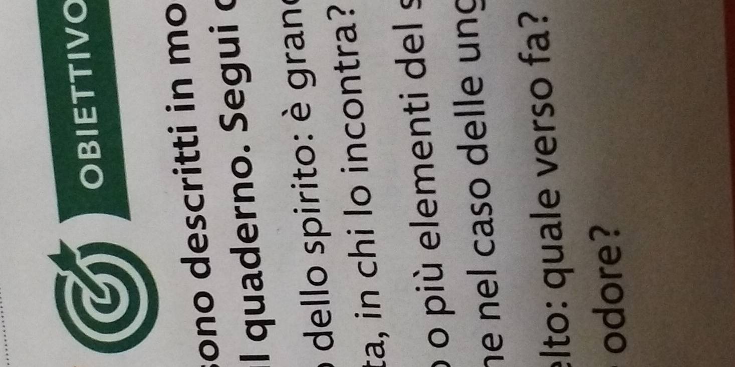 OBIETTIVO 
sono descritti in mo 
l quaderno. Segui c 
o dello spirito: è grane 
ta, in chi lo incontra? 
o o più elementi del s 
he nel caso delle ung 
elto: quale verso fa? 
odore?