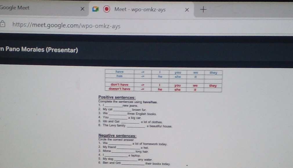 Google Meet Meet - wpo-omkz-ays 
https://meet.google.com/wpo-omkz-ays 
n Pano Morales (Presentar) 
Positive sentences: 
Complete the sentences using have/has. 
1. 1 _new jeans. 
2. My cal_ brown fur. 
3. We three English books. 
4. You _a big car. 
5. Ido and Gai _a lot of clothes. 
6. The Levy familly _a beautiful house. 
Negative sentences: 
Circle the correct answer 
1. We_ a lot of homework today. 
2. My friend _a hest. 
3. Mona _long hair. 
4. 1_ a laptop. 
5. My dog 
6. Ben and Orit Brry wate 
_their books today.