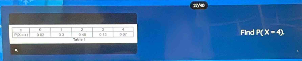 27/40
Find P(X=4).