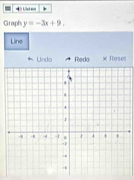 Listen 
Graph y=-3x+9, 
Line 
Undo Redo × Reset