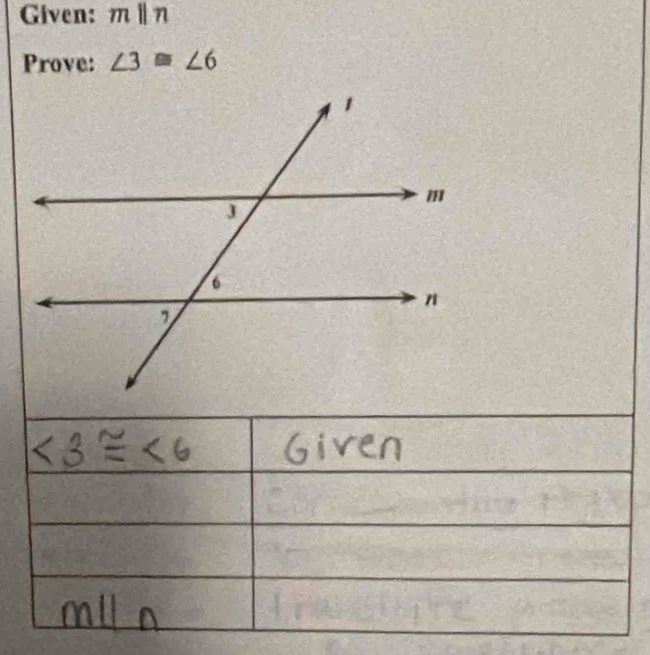 Given: mparallel n
Prove: ∠ 3≌ ∠ 6