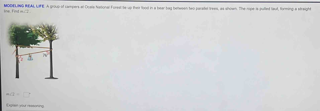 MODELING REAL LIFE A group of campers at Ocala National Forest tie up their food in a bear bag between two parallel trees, as shown. The rope is pulled taut, forming a straight
line. Find m∠ 2.
m∠ 2=□°
Explain your reasoning.