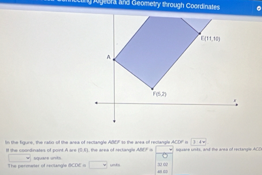 iccting Algebra and Geometry through Coordinates
In the figure, the ratio of the area of rectangle ABEF to the area of rectangle ACDF is 3:4
If the coordinates of point A are (0,6) , the area of rectangle ABEF is square units, and the area of rectangle ACD
square units.
The perimeter of rectangle BCDE is units. 48.03 32 02