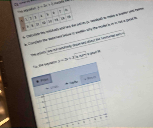 Calculate tints (x, residual) to make a scaffer plot below
b. Complete the statement below to plain why the model is or is not a good fit
The points, are not randomly dispersed about the horizontal axis
y=2x+3|smtv a good fit.
1