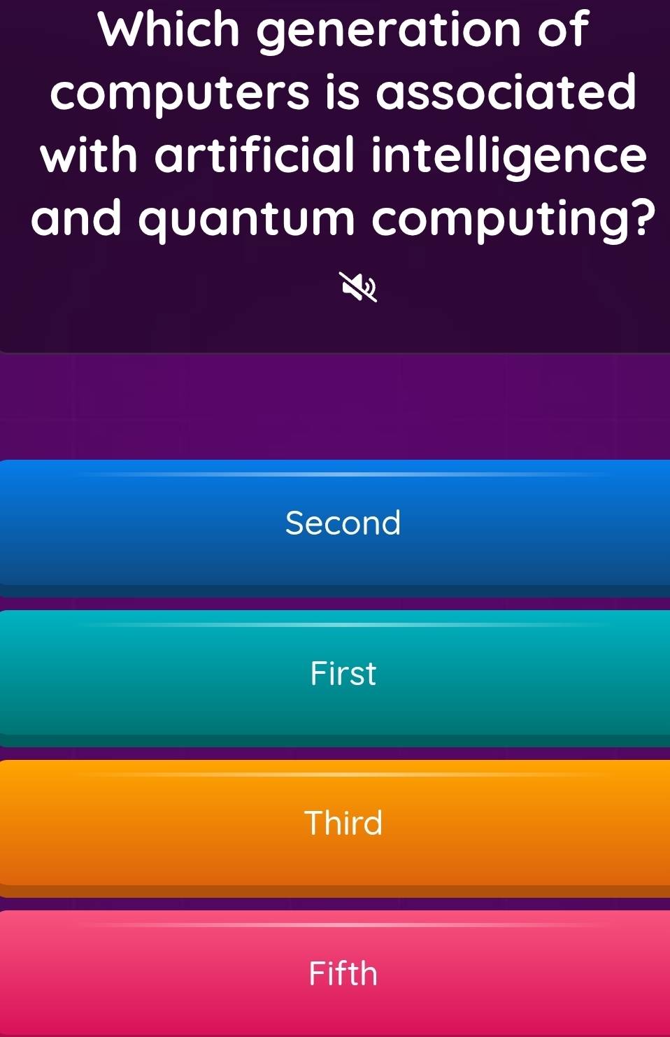 Which generation of
computers is associated
with artificial intelligence
and quantum computing?
Second
First
Third
Fifth