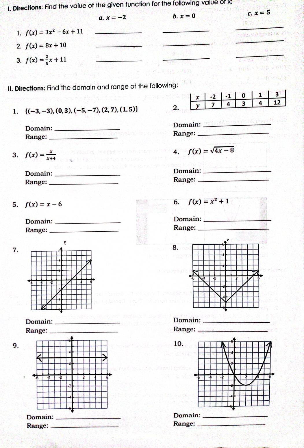 Directions: Find the value of the given function for the following value of x : 
a. x=-2 b. x=0 C. x=5
1. f(x)=3x^2-6x+11 _ 
_ 
_ 
2. f(x)=8x+10 _ 
_ 
_ 
3. f(x)= 2/5 x+11 _ 
_ 
_ 
II. Directions: Find the domain and range of the following: 
1.  (-3,-3),(0,3),(-5,-7),(2,7),(1,5)
2. 
Domain: _Domain:_ 
Range: _Range:_ 
3. f(x)= x/x+4 
4. f(x)=sqrt(4x-8)
Domain: _Domain:_ 
Range:_ Range:_ 
5. f(x)=x-6
6. f(x)=x^2+1
Domain:_ 
Domain:_ 
Range: _Range:_ 
7. 
8. 
Domain: _Domain:_ 
Range: _Range:_ 
9. 
10. 

Domain: _Domain:_ 
Range: _Range:_