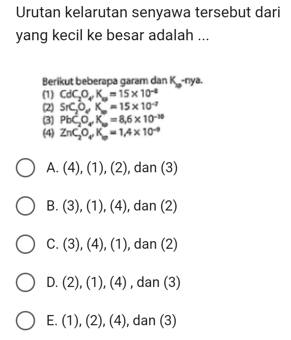 Urutan kelarutan senyawa tersebut dari
yang kecil ke besar adalah ...
Berikut beberapa garam dan K_sp-nya. 
(1) CdC_2O_4, K_10=15* 10^(-8)
(2) SrC_2O_4, K_w=15* 10^(-7)
(3) PbC_2O_4, K_sp=8, 6* 10^(-10)
(4) ZnC_2O_4, K_sp=1, 4* 10^(-9)
A. (4),(1),(2) , dan (3)
B. (3),(1),(4) , dan (2)
C. (3),(4),(1) , dan (2)
D. (2),(1),(4) , dan (3)
E. (1),(2), (4) , dan (3)