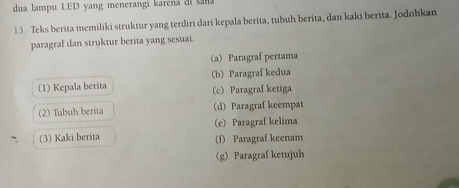 dua lampu LED yang menerangi karena di sana
13. Teks berita memiliki struktur yang terdiri dari kepala berita, tubuh berita, dan kaki berita. Jodohkan
paragraf dan struktur berita yang sesuai.
(a) Paragraf pertama
(b) Paragraf kedua
(1) Kepala berita
(c) Paragraf ketiga
(2) Tubuh berita (d) Paragraf keempat
(e) Paragraf kelima
(3) Kaki berita (f) Paragraf keenam
(g) Paragraf ketujuh