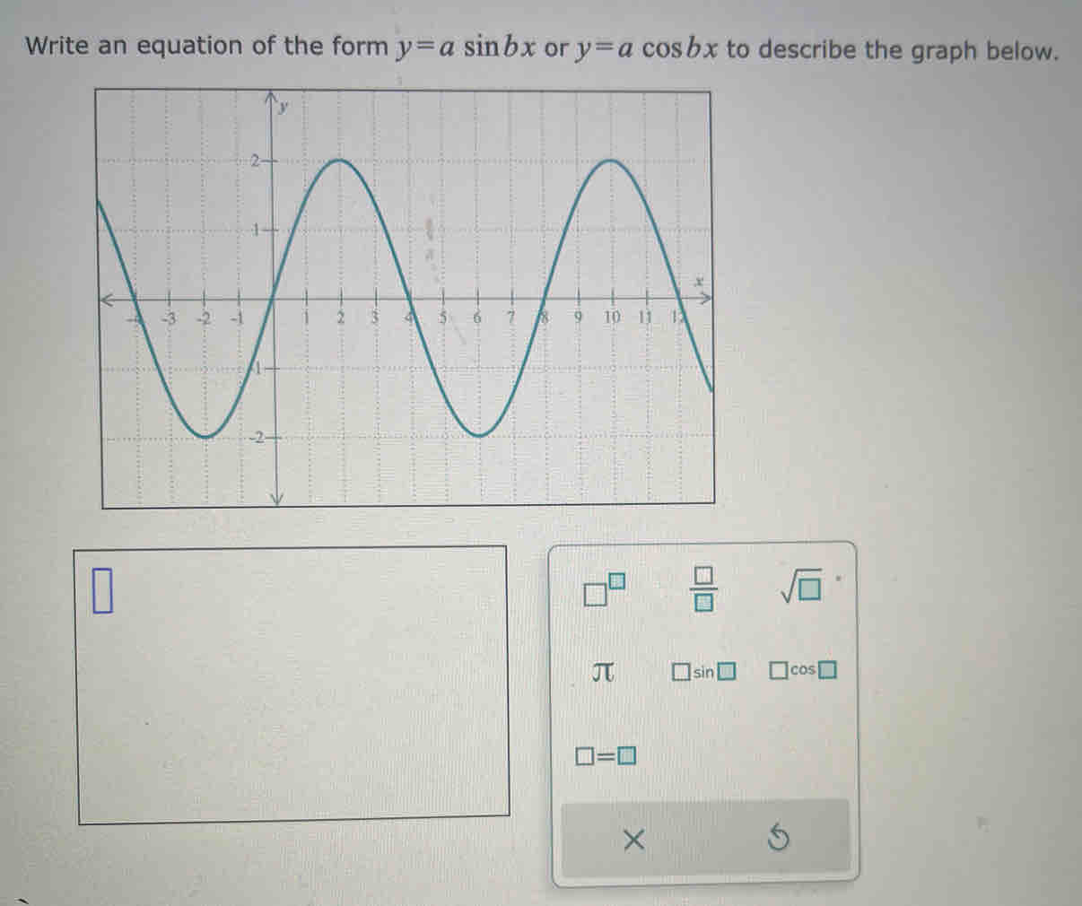 Write an equation of the form y=asin bx or y=acos bx to describe the graph below. 
 □ /□   sqrt(□ ) 
π □ si n □ cos| 
□ =□ 
×