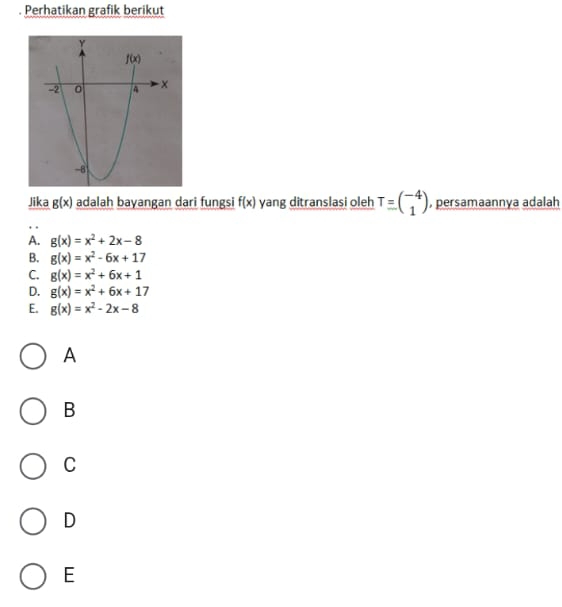 Perhatikan grafik berikut
Jika g(x) adalah bayangan dari fungsi f(x) yang ditranslasi oleh T=beginpmatrix -4 1endpmatrix , persamaannya adalah
A. g(x)=x^2+2x-8
B. g(x)=x^2-6x+17
C. g(x)=x^2+6x+1
D. g(x)=x^2+6x+17
E. g(x)=x^2-2x-8
A
B
C
D
E