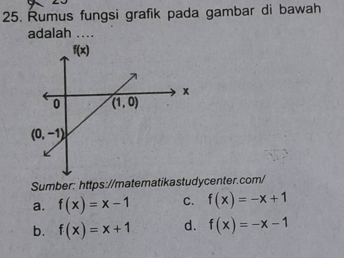 Rumus fungsi grafik pada gambar di bawah
adalah ....
Sumber: https://matematikastudycenter.com/
a. f(x)=x-1
C. f(x)=-x+1
b. f(x)=x+1
d. f(x)=-x-1