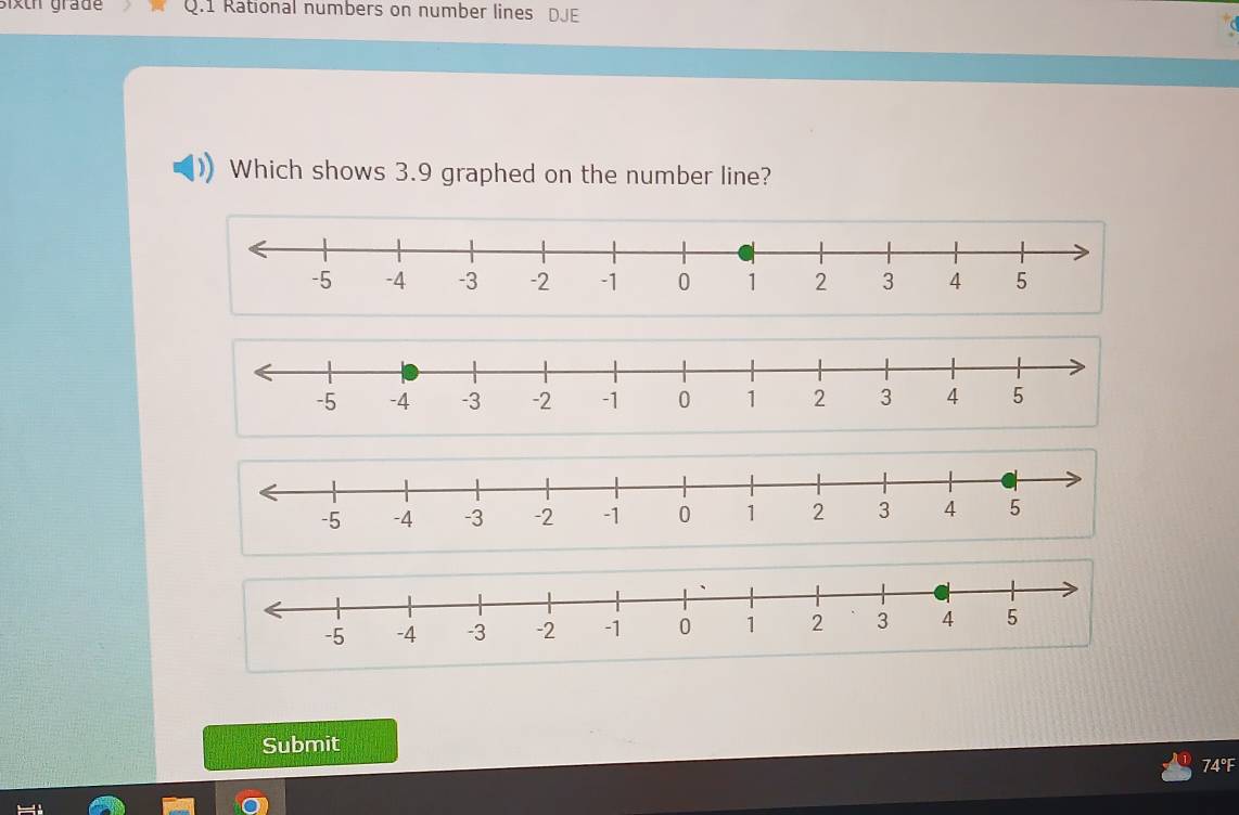 sixth grade Q.I Rational numbers on number lines DJE 
Which shows 3.9 graphed on the number line? 
Submit
74°F