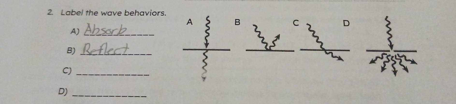 Label the wave behaviors. 
A 
B 
C 
D 
A)_ 
B)_ 
C)_ 
D)_