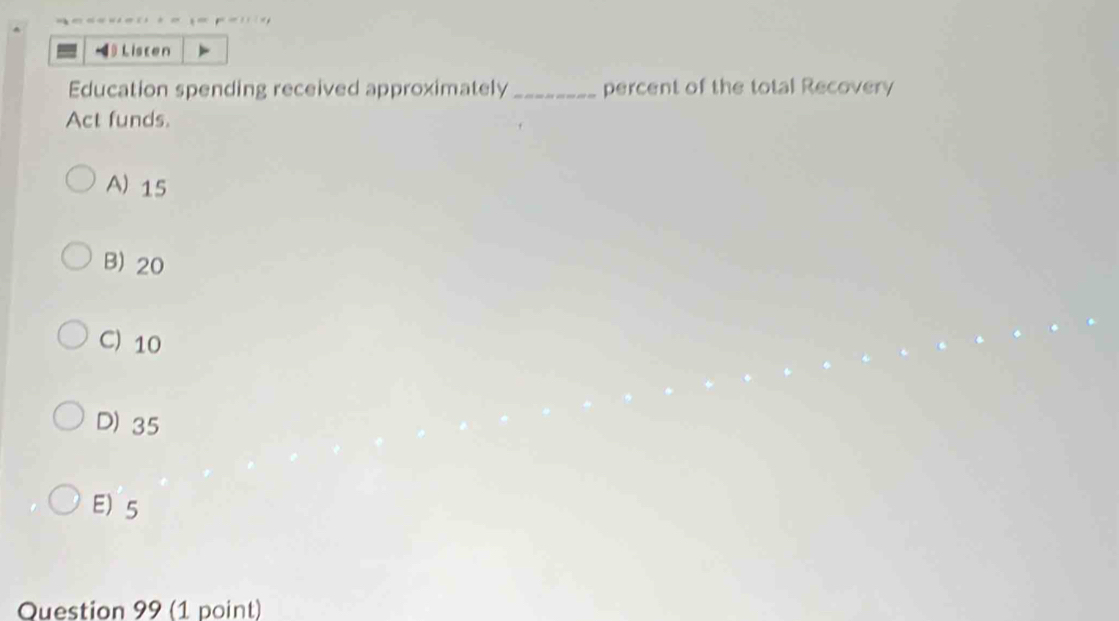 ◢ Listen
Education spending received approximately_ percent of the total Recovery
Act funds.
A) 15
B) 20
C) 10
D) 35
E 5
Question 99 (1 point)