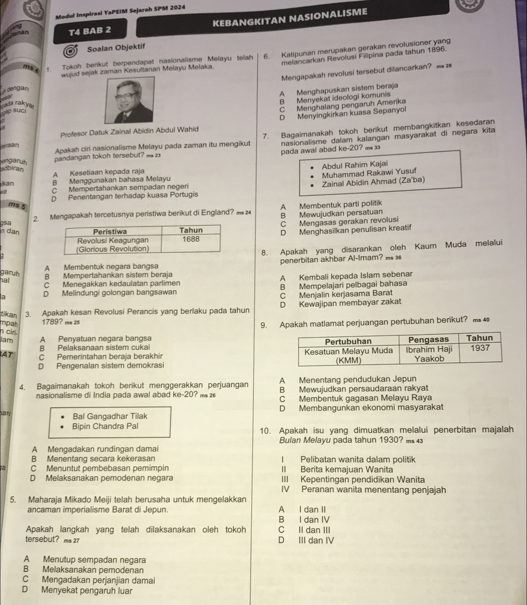 Modul Inspirasl YaPEIM Sejarah SPM 2024
KEBANGKITAN NASIONALISME
jong
a  T4 BAB 2
a Soalan Objektif
ms 4 1. Tokoh berikut berpendapat nasionalisme Melayu telah 6. Katipunan merupakan gerakan revolusioner yang
melancarkan Revolusi Filipina pada tahun 1896.
wujud sejak zaman Kesultanan Melayu Melaka.
Mengapakah revolusi tersebut dilancarkan? ms 2
A Menghapuskan sistem beraja
dengan
asar
aB Menyekat ideologi komunis
mada rakyaı
gạp sụci
C Menghalang pengaruh Amerika
D Menyingkirkan kuasa Sepanyol
Profesor Datuk Zainal Abidin Abdul Wahid
teraan Apakah ciri nasionalisme Melayu pada zaman itu mengikut 7. Bagaimanakah tokoh berikut membangkitkan kesedaran
Bengarh pandangan tokoh tersebut? ms 23 nasionalisme dalam kalangan masyarakat di negara kita
pada awal abad ke-20? ms 33
adbiran
A Kesetiaan kepada raja
Muhammad Rakawi Yusuf
Ikan B Menggunakan bahasa Melayu Abdul Rahim Kajai
Zainal Abidin Ahmad (Za'ba)
va C Mempertahankan sempadan negeri
D Penentangan terhadap kuasa Portugis
ms 5 A Membentuk parti politik
gsa 2. Mengapakah tercetusnya peristiwa berikut di England? ms 24 B Mewujudkan persatuan
n dan C Mengasas gerakan revolusi
D Menghasilkan penulisan kreatif
a
8. Apakah yang disarankan oleh Kaum Muda melalui
A Membentuk negara bangsa penerbitan akhbar Al-Imam? ms 36
garuh B Mempertahankan sistem beraja
hal C Menegakkan kedaulatan parlimen A Kembali kepada Islam sebenar
a D Melindungi golongan bangsawan B Mempelajari pelbagai bahasa
C Menjalin kerjasama Barat
tikan 3. Apakah kesan Revolusi Perancis yang berlaku pada tahun D Kewajipan membayar zakat
mpah 1789? ms 25
9. Apakah matlamat perjuangan pertubuhan berikut? ms 40
n ciri.
Iam A Penyatuan negara bangsa
B Pelaksanaan sistem cukai 
AT C Pemerintahan beraja berakhir
D Pengenalan sistem demokrasi 
4. Bagaimanakah tokoh berikut menggerakkan perjuangan A Menentang pendudukan Jepun
nasionalisme di India pada awal abad ke-20? ms 26 B Mewujudkan persaudaraan rakyat
C Membentuk gagasan Melayu Raya
D Membangunkan ekonomi masyarakat
han Bal Gangadhar Tilak
Bipin Chandra Pal
10. Apakah isu yang dimuatkan melalui penerbitan majalah
Bulan Melayu pada tahun 1930? ms 43
A Mengadakan rundingan damai
B Menentang secara kekerasan I Pelibatan wanita dalam politik
a C Menuntut pembebasan pemimpin II Berita kemajuan Wanita
D Melaksanakan pemodenan negara III Kepentingan pendidikan Wanita
IV Peranan wanita menentang penjajah
5. Maharaja Mikado Meiji telah berusaha untuk mengelakkan
ancaman imperialisme Barat di Jepun A I dan II
B I dan IV
Apakah langkah yang telah dilaksanakan oleh tokoh C II dan III
tersebut? ms 27 D III dan IV
A Menutup sempadan negara
B Melaksanakan pemodenan
C Mengadakan perjanjian damai
D Menyekat pengaruh luar