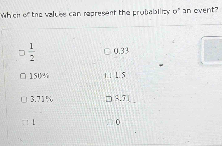 Which of the values can represent the probability of an event?
 1/2 
0.33
150% 1.5
3.71% 3.71
1
0