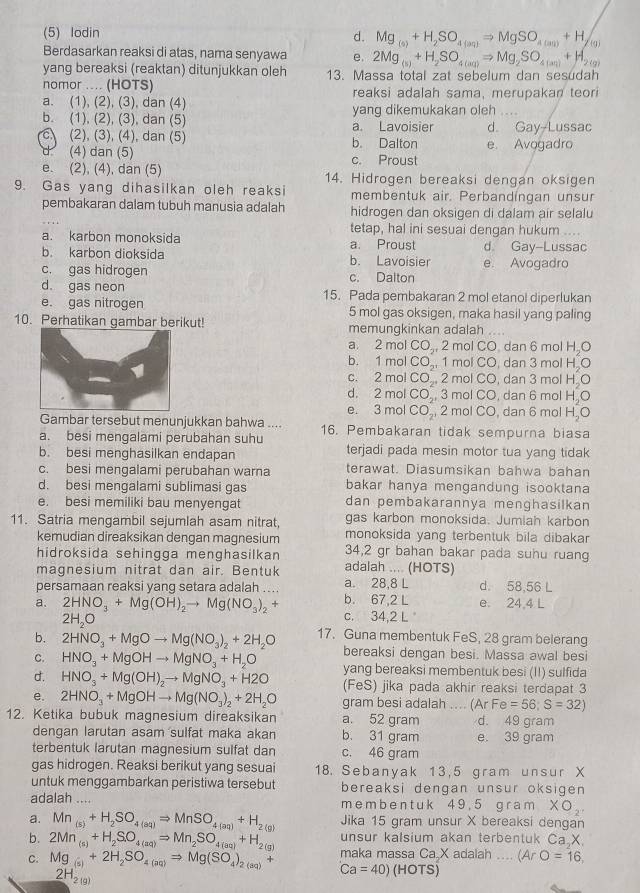 (5) lodin
d. Mg_(0)+H_2SO_4(aq)Rightarrow MgSO_4(an)+H_f(g)
Berdasarkan reaksi di atas, nama senyawa e. 2Mg_(s)+H_2SO_4(aq)Rightarrow Mg_2SO_4(aq)+H_2(g)
yang bereaksi (reaktan) ditunjukkan oleh
nomor .... (HOTS) 13. Massa total zat sebelum dan sesudah
reaksi adalah sama, merupakan teori
a. (1), (2), (3), dan (4) yang dikemukakan oleh . . . .
b. (1), (2), (3), dan (5) a. Lavoisier d. Gay-Lussac
c. (2), (3), (4), dan (5) b. Dalton
d (4) dan (5) c. Proust e. Avogadro
e. (2), (4), dan (5) 14. Hidrogen bereaksi dengan oksigen
9. Gas yang dihasilkan oleh reaksi membentuk air. Perbandingan unsur
pembakaran dalam tubuh manusia adalah hidrogen dan oksigen di dalam air selalu
tetap, hal ini sesuai dengan hukum ....
a. karbon monoksida a. Proust d Gay-Lussac
b. karbon dioksida b. Lavoisier
c. gas hidrogen c. Dalton e. Avogadro
d. gas neon 15. Pada pembakaran 2 mol etanol diperlukan
e. gas nitrogen 5 mol gas oksigen, maka hasil yang paling
10. Perhatikan gambar berikut! memungkinkan adalah
a. 2 mol CO_2 , 2 mol CO, dan 6 mol H_2O
b. 1 mol CO_2 , 1 mol CO, dan 3 mol HC
c. 2 mol CO. 2 mol CO, dan 3 mol H_2O
d. 2 mol CO_2^+ 3 mol CO, dan 6 mol H_2O
e. 3 mol CO_2, 2 mol CO, dan 6 mol H_2O
Gambar tersebut menunjukkan bahwa ....
a. besi mengalami perubahan suhu 16. Pembakaran tidak sempurna biasa
b. besi menghasilkan endapan terjadi pada mesin motor tua yang tidak
c. besi mengalami perubahan warna terawat. Diasumsikan bahwa bahar
d. besi mengalami sublimasi gas bakar hanya mengandung isooktana
e. besi memiliki bau menyengat dan pembakarannya menghasilkan
gas karbon monoksida. Jumiah karbon
11. Satria mengambil sejumlah asam nitrat, monoksida yang terbentuk bila dibakar
kemudian direaksikan dengan magnesium
hidroksida sehingga menghasilkan 34,2 gr bahan bakar pada suhu ruang
magnesium nitrat dan air. Bentuk adalah .... (HOTS)
persamaan reaksi yang setara adalah .... a. 28,8 L d. 58,56 L
b. 67.2 L e. 24,4 L
a. 2HNO_3+Mg(OH)_2to Mg(NO_3)_2+ c. 34,2 L
2H_2O
b. 2HNO_3+MgOto Mg(NO_3)_2+2H_2O 17. Guna membentuk FeS, 28 gram belerang
C. HNO_3+MgOHto MgNO_3+H_2O bereaksi dengan besi. Massa awal besi
d. HNO_3+Mg(OH)_2to MgNO_3+H2O yang bereaksi membentuk besi (II) sulfida
(FeS) jika pada akhir reaksi terdapat 3
e. 2HNO_3+MgOHto Mg(NO_3)_2+2H_2O gram besi adalah .... ( (ArFe=56;S=32)
12. Ketika bubuk magnesium direaksikan a. 52 gram d. 49 gram
dengan larutan asam sulfat maka akan b. 31 gram e. 39 gram
terbentuk larutan magnesium sulfat dan c. 46 gram
gas hidrogen. Reaksi berikut yang sesuai 18. Sebanyak 13, 5 gram unsur X
untuk menggambarkan peristiwa tersebut bereaksi dengan unsur oksigen 
adalah .... m e m b e n t u k 4 9 . 5 g r a m XO_2.
a. Mn_(s)+H_2SO_4(aq)Rightarrow MnSO_4(aq)+H_2(g) Jika 15 gram unsur X bereaksi dengan
b. 2Mn_(s)+H_2SO_4(aq)Rightarrow Mn_2SO_4(aq)+H_2(g) unsur kalsium akan terbentuk Ca X
C. Mg_(5)+2H_2SO_4(aq)Rightarrow Mg(SO_4)_2(aq)+ maka massa Ca X adalah .... (ArO=16,
2H_2(g)
Ca=40) (HC TS)