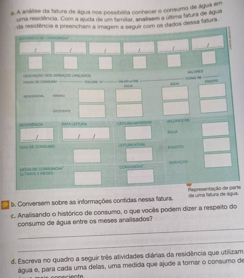 A análise da fatura de água nos possibilita conhecer o consumo de água em 
uma residência. Com a ajuda de um familiar, analisem a última fatura de água 
da residência e preencham a imagem a seguir com os dados dessa fatura. 
HISTORICO DE CONSUNOIm? 
_ 
/ 
/ 
/ 
/ 
/ 
_ 
_/ 
VALORES 
DESCRIÇÃO DOS SERVIÇOS LANÇADOS 
FAXAS DE CONSUMO _VOLUME m^3 _VALOR m²/R$ _TOTAIS FI$ 
_ 
AGua 
Agua ESGOTO 
RESIDENCIAL Mínimo 
EXCEDENTE 
REFERÊNCIA DATA LEITURA LEITURAANTERIOR VALORES R$
AGUA 
_ 
/ 
I / 
__ 
DIAS DE CONSUMO LEITURA ATUAL 
ESGOTO 
MEDIA DE CONSUMO/m CONSUMO/ n^2 SERviços 
ÚLTIMOS 5 MESES 
Representação de parte 
b. Conversem sobre as informações contidas nessa fatura. de uma fatura de água. 
c. Analisando o histórico de consumo, o que vocês podem dizer a respeito do 
_ 
consumo de água entre os meses analisados? 
_ 
d. Escreva no quadro a seguir três atividades diárias da residência que utilizam 
água e, para cada uma delas, uma medida que ajude a tornar o consumo de