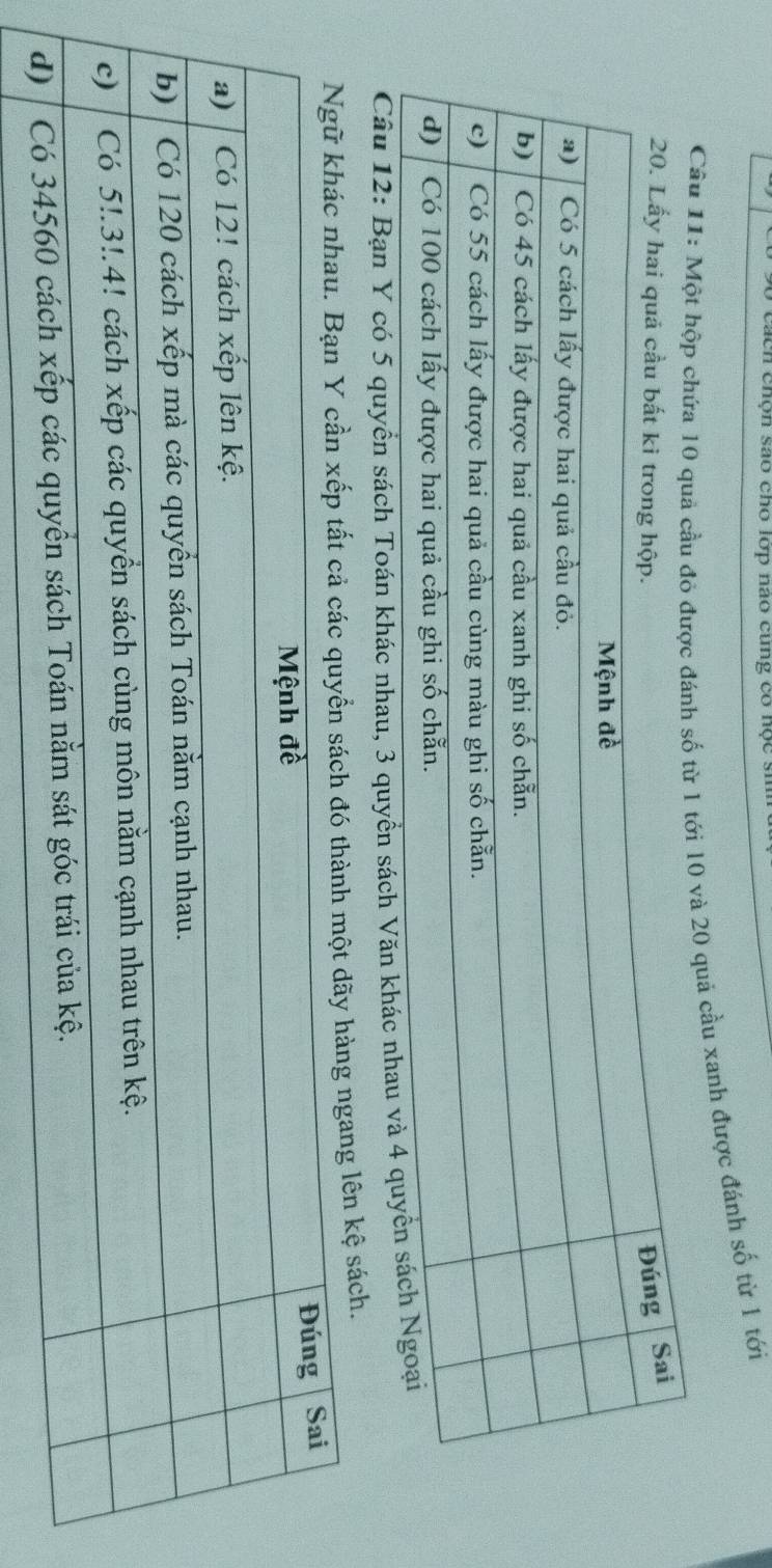 cách chọn sao cho lớp nào cung có nộc sử 
Câu 11: Một hộp chứa 10 quả cầu đó được đánh số từ 1 tới 10 và 20 quả cầu xanh được đánh số từ 1 tới 
Câu 12: Bạn Y có 5 quyền sách Toán khác nhau, 3 quyền sá 
ngang lên kệ sách.