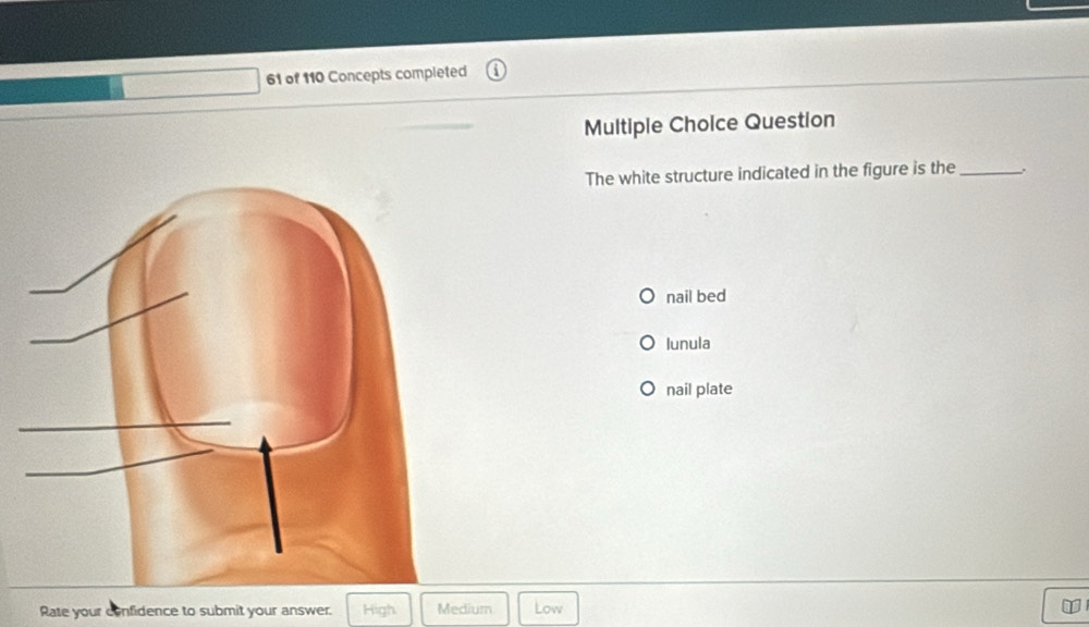 of 110 Concepts completed
Multiple Choice Question
The white structure indicated in the figure is the_
nail bed
lunula
nail plate
Rate your confidence to submit your answer. High Medium Low 1