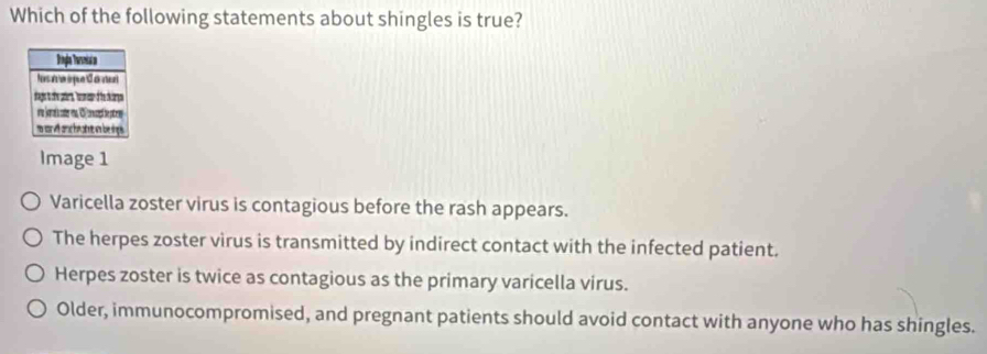 Which of the following statements about shingles is true?
Image 1
Varicella zoster virus is contagious before the rash appears.
The herpes zoster virus is transmitted by indirect contact with the infected patient.
Herpes zoster is twice as contagious as the primary varicella virus.
Older, immunocompromised, and pregnant patients should avoid contact with anyone who has shingles.