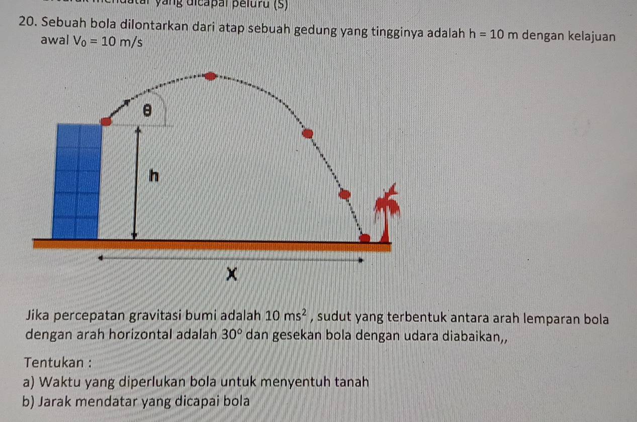 ar yang dicapal peluru (s) 
20. Sebuah bola dilontarkan dari atap sebuah gedung yang tingginya adalah h=10m dengan kelajuan 
awal V_0=10m/s
h
x
Jika percepatan gravitasi bumi adalah 10ms^2 , sudut yang terbentuk antara arah lemparan bola 
dengan arah horizontal adalah 30° dan gesekan bola dengan udara diabaikan,, 
Tentukan : 
a) Waktu yang diperlukan bola untuk menyentuh tanah 
b) Jarak mendatar yang dicapai bola