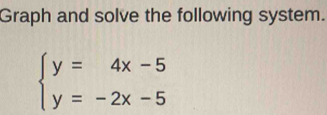 Graph and solve the following system.
beginarrayl y=4x-5 y=-2x-5endarray.