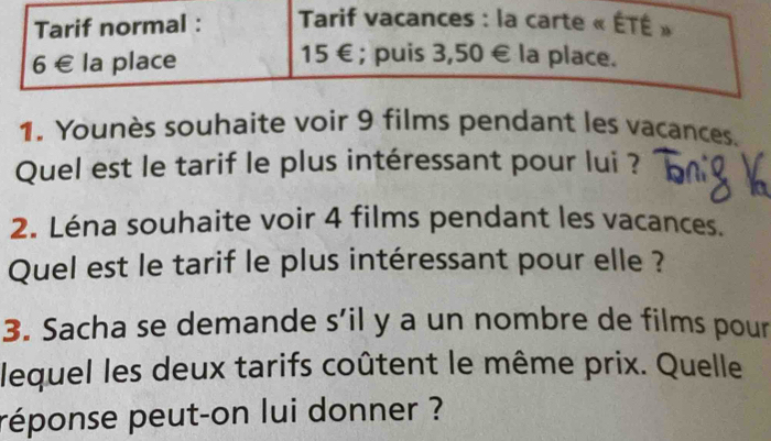 Tarif normal : * Tarif vacances : la carte « ÉTÉ »
6 € la place
15 €; puis 3,50 € la place. 
1. Younès souhaite voir 9 films pendant les vacances. 
Quel est le tarif le plus intéressant pour lui ? 
2. Léna souhaite voir 4 films pendant les vacances. 
Quel est le tarif le plus intéressant pour elle ? 
3. Sacha se demande s’il y a un nombre de films pour 
lequel les deux tarifs coûtent le même prix. Quelle 
péponse peut-on lui donner ?