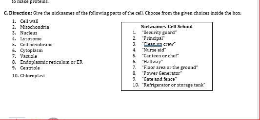 to make proteins. 
C. Direction: Give the nicknames of the following parts of the cell. Choose from the given choices inside the box. 
1. Cell wall 
2. Mitochondria Nicknames-Cell School 
3. Nucleus 1. “Security guard" 
4. Lysosome 2. “Principal" 
5. Cell membrane 3. “Clean up crew" 
6. Cytoplasm 4. ''Nurse aid'' 
7. Vacuole 6. “Hallway” 5. ''Canteen or chef' 
8. Endoplasmic reticulum or ER 
9. Centriole 7. 'Floor area or the ground'' 
10. Chloroplast 8. 'Power Generator' 9. “Gate and fence" 
10. “Refrigerator or storage tank”