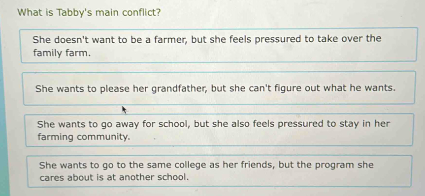 Solved: What is Tabby's main conflict? She doesn't want to be a ...