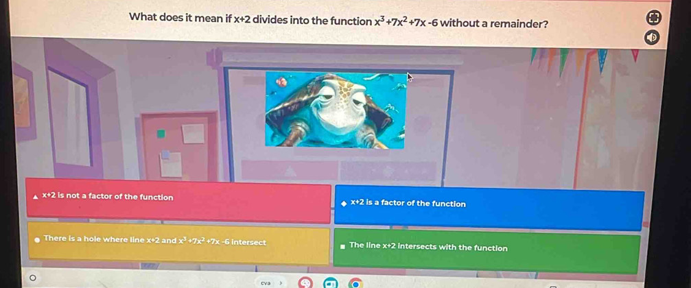 What does it mean if x+2 divides into the function x^3+7x^2+7x-6 without a remainder?
x+2 is not a factor of the function x+2 is a factor of the function
There is a hole where line x+2 and x^3+7x^2+7x-6 intersect The line x+2 intersects with the function