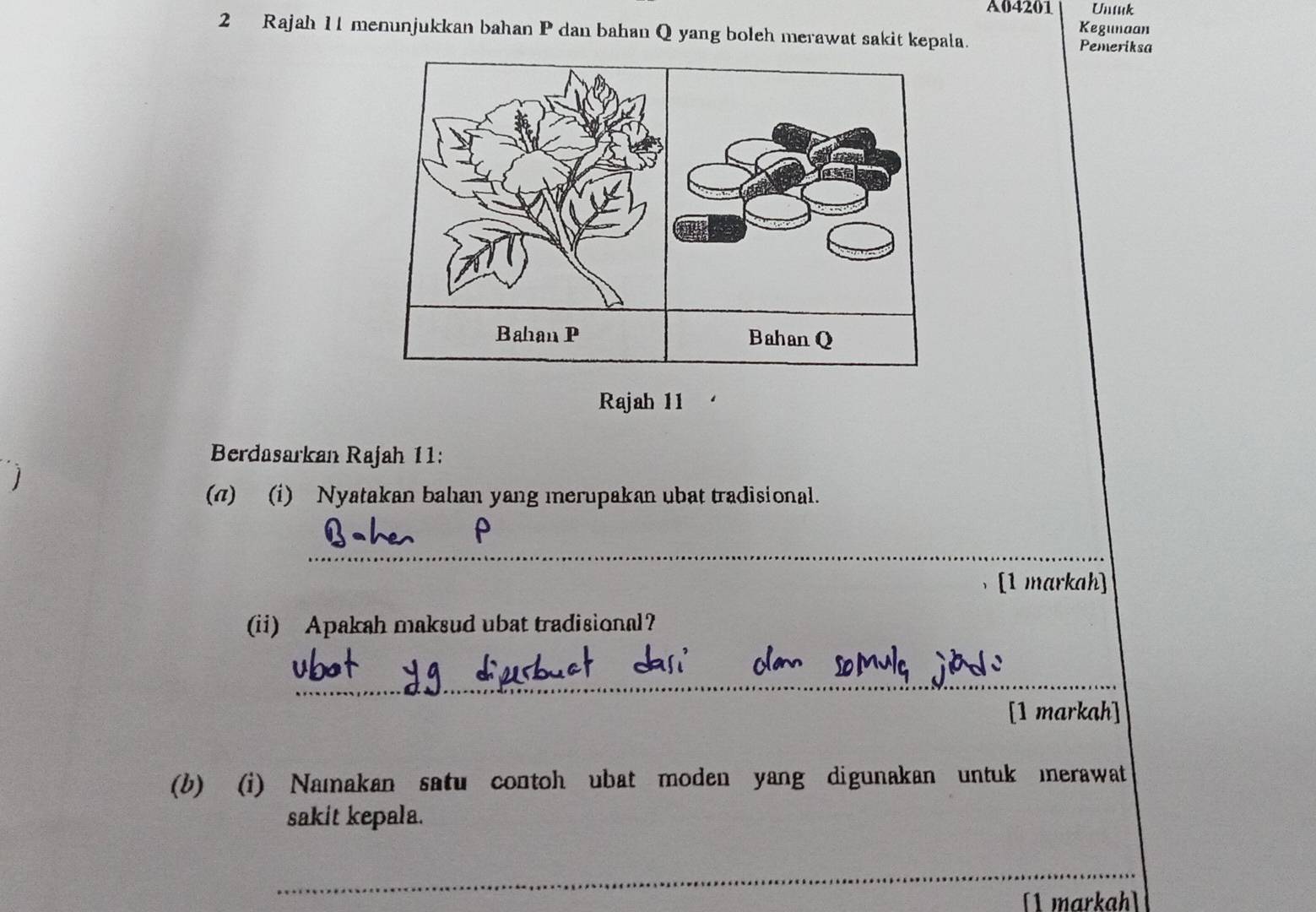 A04201 Untuk 
Kegunaan 
2 Rajah 11 menunjukkan bahan P dan bahan Q yang boleh merawat sakit kepala. Pemeriksa 
Rajah 11 
Berdasarkan Rajah 11: 
j 
(π) (i) Nyatakan bahan yang merupakan ubat tradisional. 
_ 
[1 markah] 
(ii) Apakah maksud ubat tradisional? 
_ 
[1 markah] 
(b) (i) Naıakan satu contoh ubat moden yang digunakan untuk merawat 
sakit kepala. 
_ 
[1 markah]