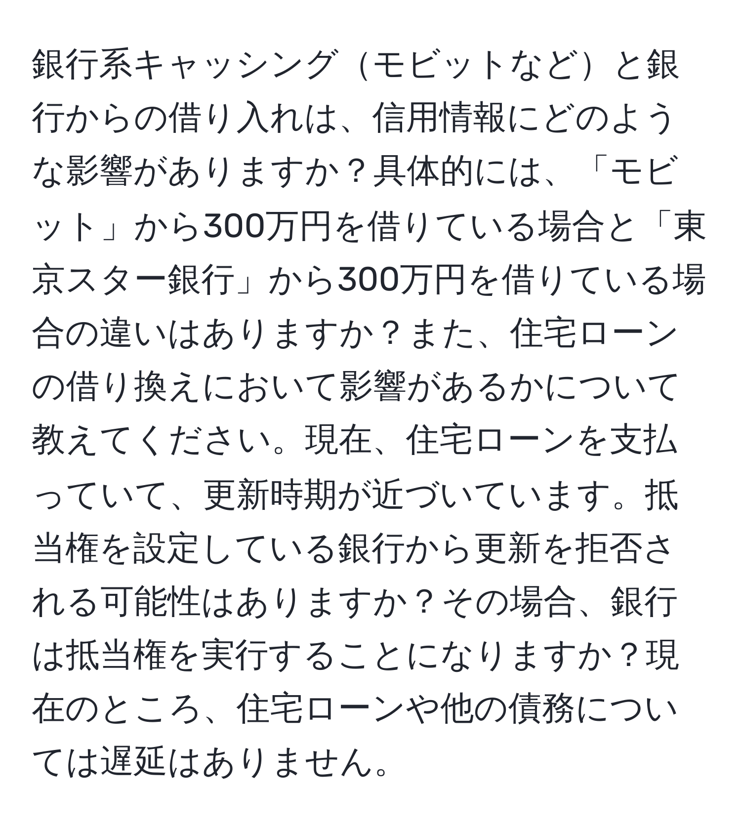 銀行系キャッシングモビットなどと銀行からの借り入れは、信用情報にどのような影響がありますか？具体的には、「モビット」から300万円を借りている場合と「東京スター銀行」から300万円を借りている場合の違いはありますか？また、住宅ローンの借り換えにおいて影響があるかについて教えてください。現在、住宅ローンを支払っていて、更新時期が近づいています。抵当権を設定している銀行から更新を拒否される可能性はありますか？その場合、銀行は抵当権を実行することになりますか？現在のところ、住宅ローンや他の債務については遅延はありません。