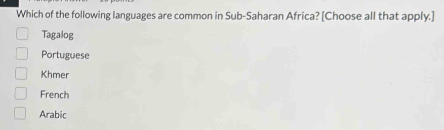 Solved: Which of the following languages are common in Sub-Saharan ...