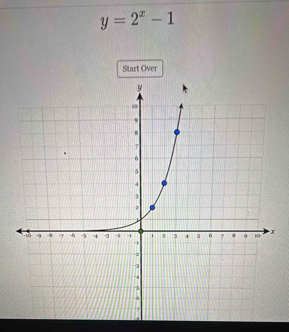 y=2^x-1
Start Over