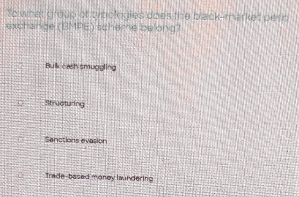 Solved: To what group of typologies does the black-market peso exchange ...
