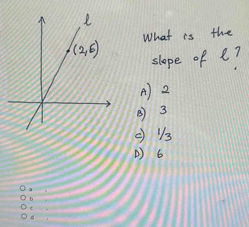 What is the
slope of e?
A) 2
B) 3
(13
() 6