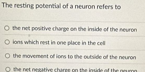 Solved: The resting potential of a neuron refers to the net positive ...