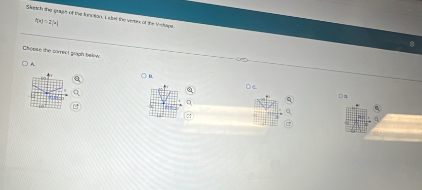 Sketch the graph of the function. Label the vertex of the V -shape.
f(x)=2|x|
Choose the correct graph below. 
A. 

B. 
to 
) D. 
0(