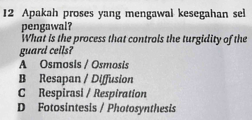 Apakah proses yang mengawal kesegahan sel
pengawal?
What is the process that controls the turgidity of the
guard cells?
A Osmosis / Osmosis
B Resapan / Diffusion
C Respirasi / Respiration
D Fotosintesis / Photosynthesis