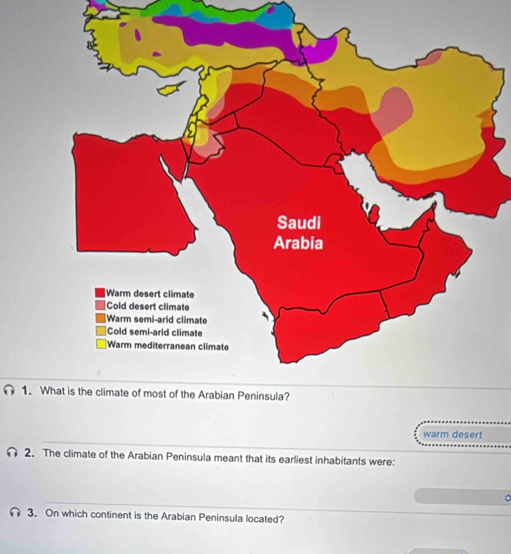 warm desert 
2. The climate of the Arabian Peninsula meant that its earliest inhabitants were:_ 
_ 
_ 
3. On which continent is the Arabian Peninsula located?