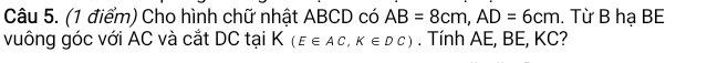 Cho hình chữ nhật ABCD có AB=8cm, AD=6cm. Từ B hạ BE 
vuông góc với AC và cắt DC tại K (E∈ AC, K∈ DC). Tính AE, BE, KC?