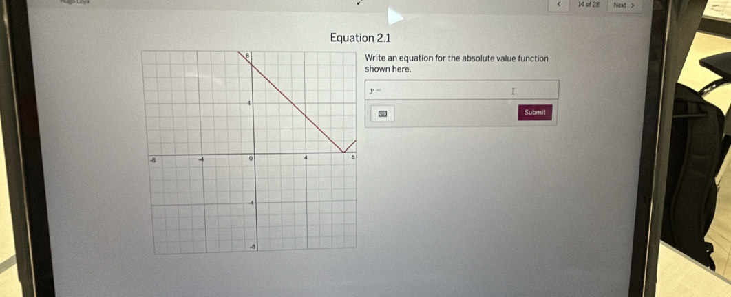 of 28 Next > 
Equation 2.1 
Write an equation for the absolute value function 
shown here.
y=
I 
Submit