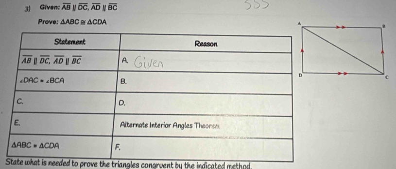 Given: overline ABparallel overline DC,overline ADparallel overline BC
Prove: △ ABC≌ △ CDA
State what is needed to prove the triangles congruent by the indicated method.