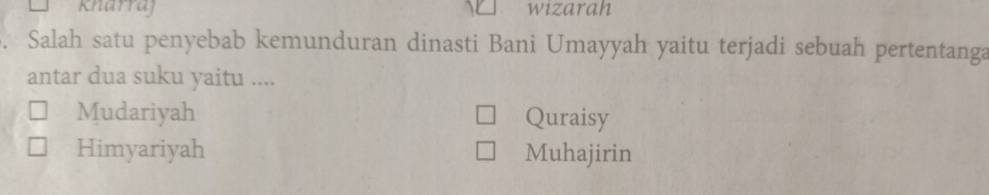 knarraj wizarah
Salah satu penyebab kemunduran dinasti Bani Umayyah yaitu terjadi sebuah pertentanga
antar dua suku yaitu ....
Mudariyah Quraisy
Himyariyah Muhajirin