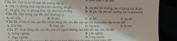 Thứ tự từ bề mặt đất xuống sâu là
A. lớp vô phong hoá, lớp phủ thổ nhưỡng, đá gốc, B. lớp phủ thổ nhưỡng, lớp vó phong hoá, đá gốc
C. đá gốc, lớp vô phong hoá, lớp phủ thỏ nhường D. đá gốc, lớp phủ thổ nhưỡng, lớp vô phong hoá.
Câu 25. Đặc trưng của đất (thổ nhưỡng) là
A. tơi xấp. B. độ phi. C. độ ẩm. D. vụn bở.
Cầu 26. Nhân tố nào sau đây có tác động chủ yếu đến việc tạo nên thành phần hữu cơ cho đắt?
A, Khí hậu. B. Sinh vật. C. Địa hinh. D. Đà mẹ.
Câu 27. Hoạt động nào sau đây của con người không làm biển đổi tính chất của đắt?
A. Nông nghiệp. B. Lâm nghiệp.
C. Ngư nghiệp. D. Công nghiệp.
* G a c ác nhân tố hình thành đ át2