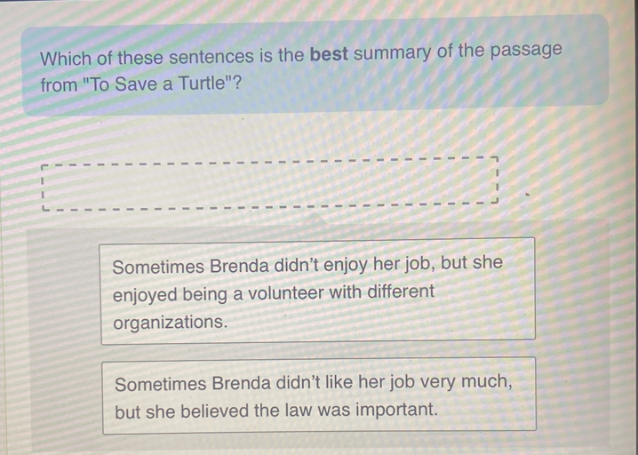 Which of these sentences is the best summary of the passage
from "To Save a Turtle"?
Sometimes Brenda didn't enjoy her job, but she
enjoyed being a volunteer with different
organizations.
Sometimes Brenda didn't like her job very much,
but she believed the law was important.