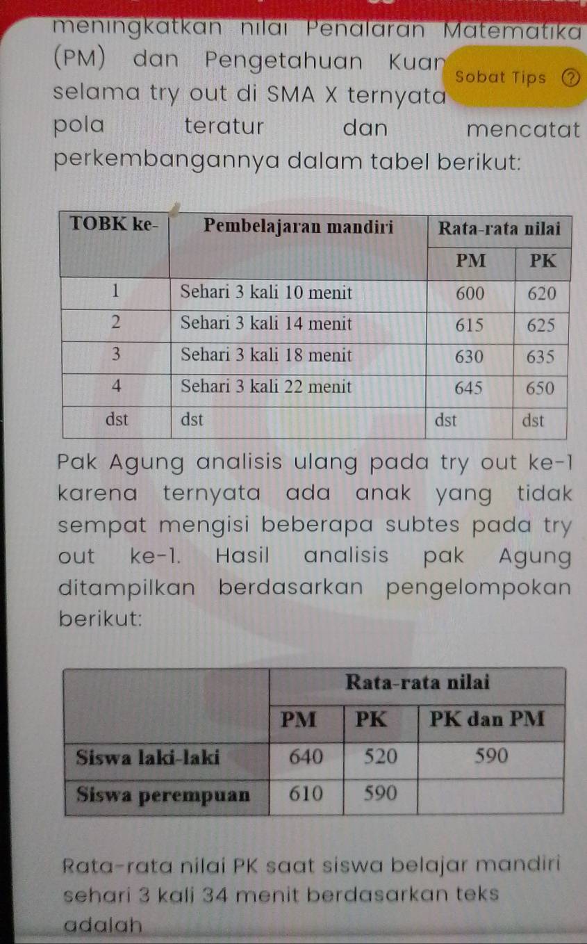 menıngkatkan nılaı Penalarán Matematıka 
(PM) dan Pengetahuan Kuan Sobat Tips 
selama try out di SMA X ternyata 
pola teratur dan mencatat 
perkembangannya dalam tabel berikut: 
Pak Agung analisis ulang pada try out ke -1
karena ternyata ada anak yang tida . 
sempat mengisi beberapa subtes pada try . 
out ke -1. Hasil analisis pak Agung 
ditampilkan berdasarkan pengelompokan 
berikut: 
Rata-rata nilai PK saat siswa belajar mandiri 
sehari 3 kali 34 menit berdasarkan teks 
adalah