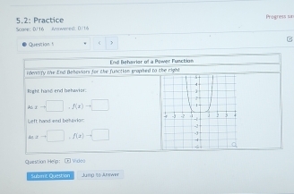 Scare: D/ 16 Armwemed: (( 16 5.2: Practice 
Progress sa 
Question t  > 
End Behavior of a Power Function 
identify the End Behoviors for the functian graphed to the right 
Right hand end behawior: 
Ac x=□ , f(x)to □
Left hand end behavior!
x-□ ,f(x)=□
Question Helip: E Video 
Subemt Question Juinp to Answer